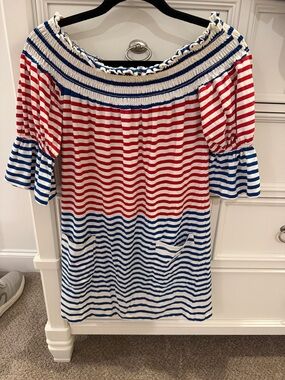 Vava by Joy Han Red, Blue & White Striped Off-Shoulder Midi Dress